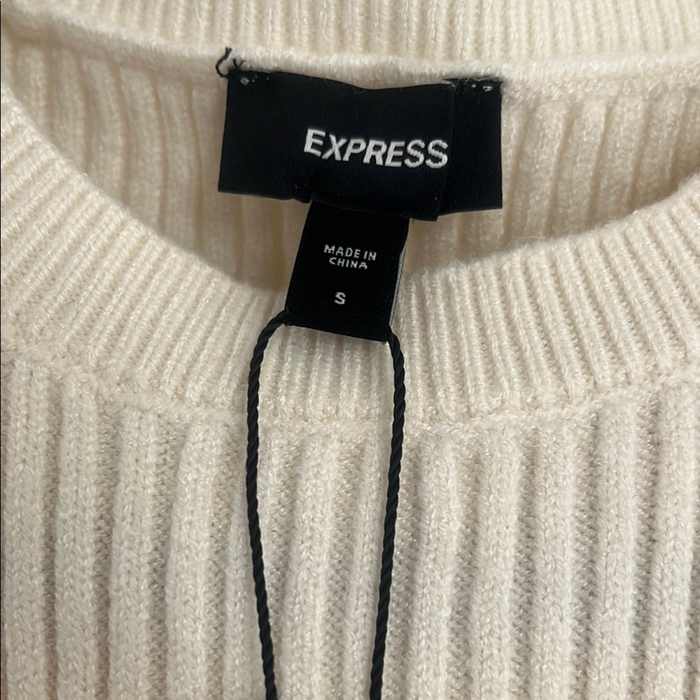 EXPRESS Cream Ribbed Crew Neck Puff Sleeves Peplum Sweater | Size S - Picture 5 of 7